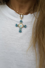Pingente cruz pedras medalhas
