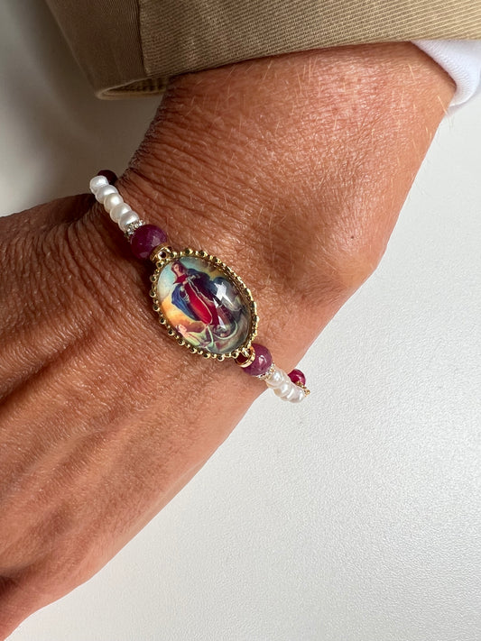 Pulseira Medalha pérolas e rubis