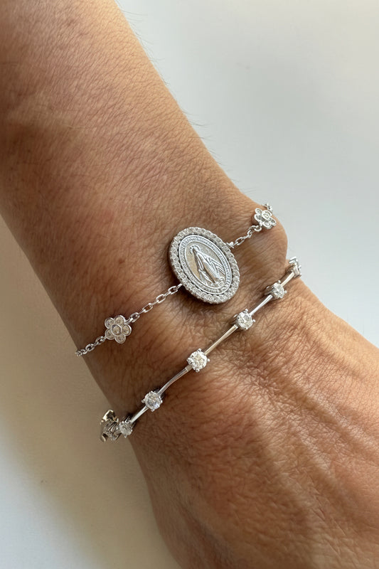 Pulseira Medalha milagrosa flor Moissanite