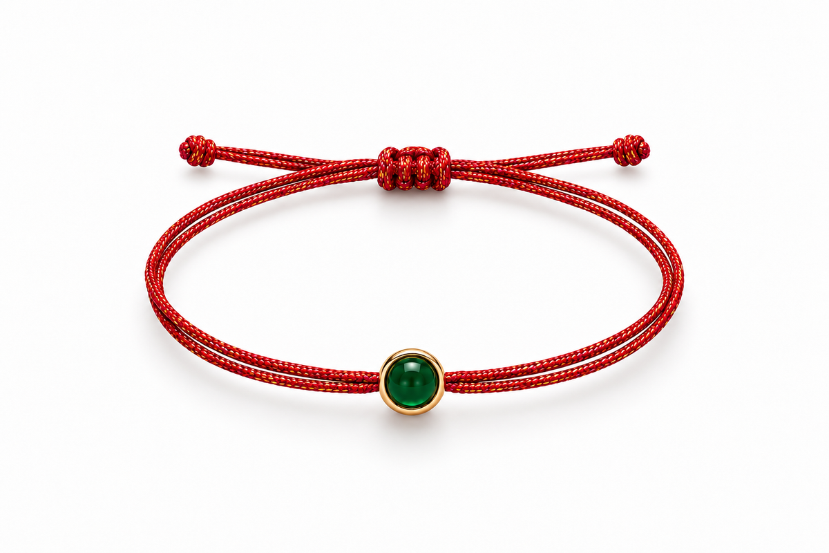Pulseira fio de seda  esmeralda redonda cabochon