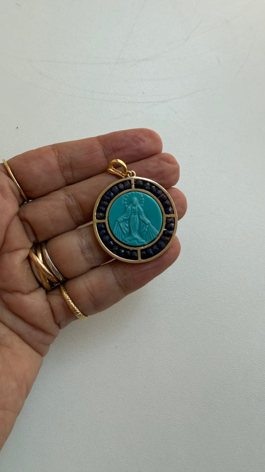 Pingente Medalha Milagrosa bordado Safira